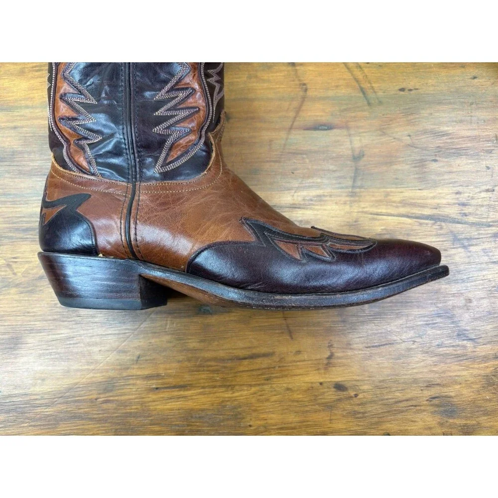 Vtg. Code West Two Tone Leather Flame Inlay Cowboy Boots Mens 10 M USA Western
